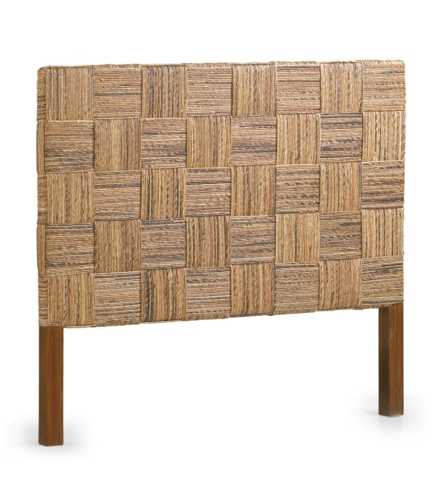 Cabecero étnico en ratán y cuerda trenzado en forma de cuadros natural y madera mindi marrón.