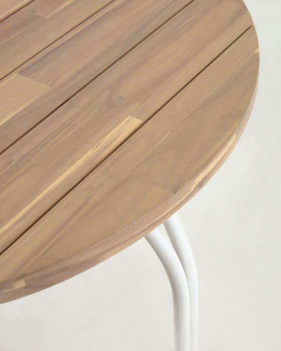Mesa Redonda Exterior Madera Natural Acero Blanco, 90 Cm