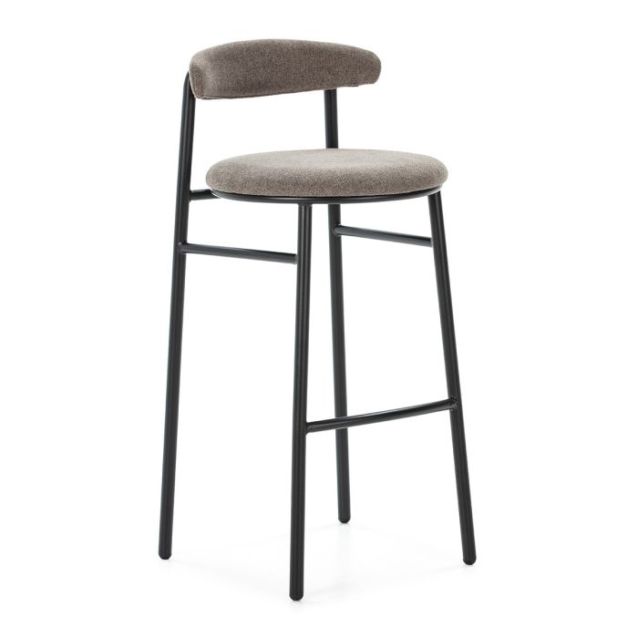 Taburete o Silla Alta de Metal Negro y Tela Gris.