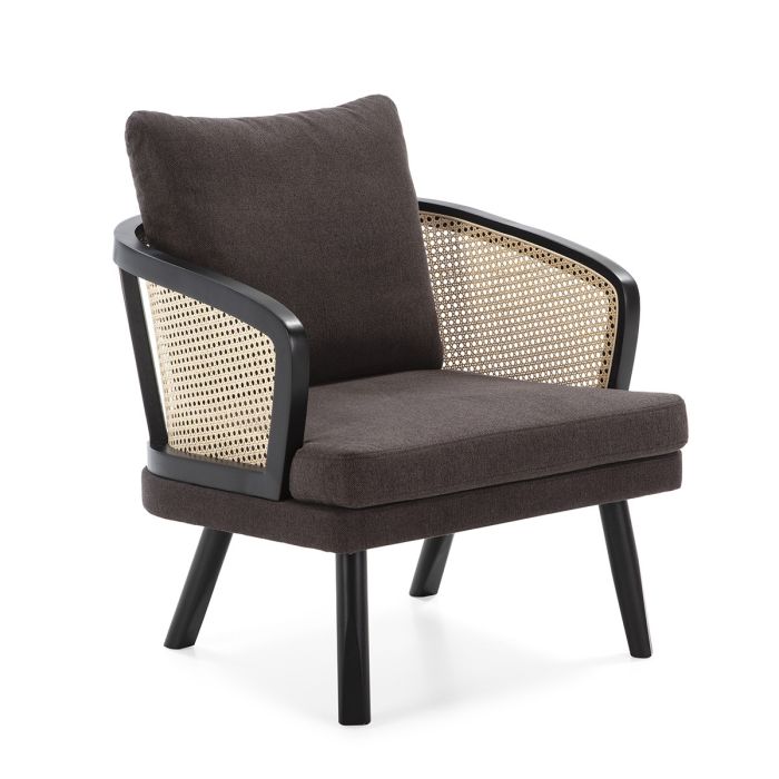 Sillón Étnico en Madera negra, Ratán natural y Tela oscura.