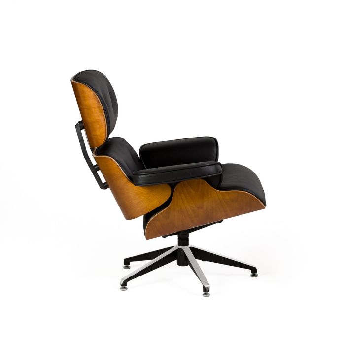 Sillón con Puf Giratorio Piel Negro Madera Fresno Natural, 90/65 Cm