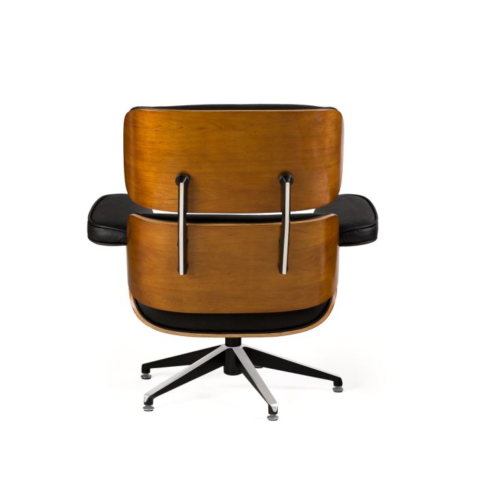 Sillón con Puf Giratorio Piel Negro Madera Fresno Natural, 90/65 Cm