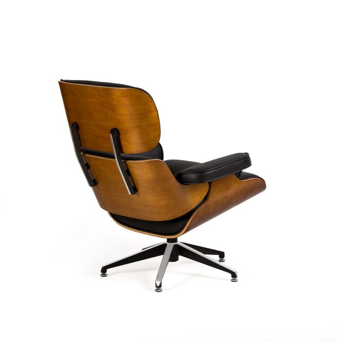 Sillón con Puf Giratorio Piel Negro Madera Fresno Natural, 90/65 Cm