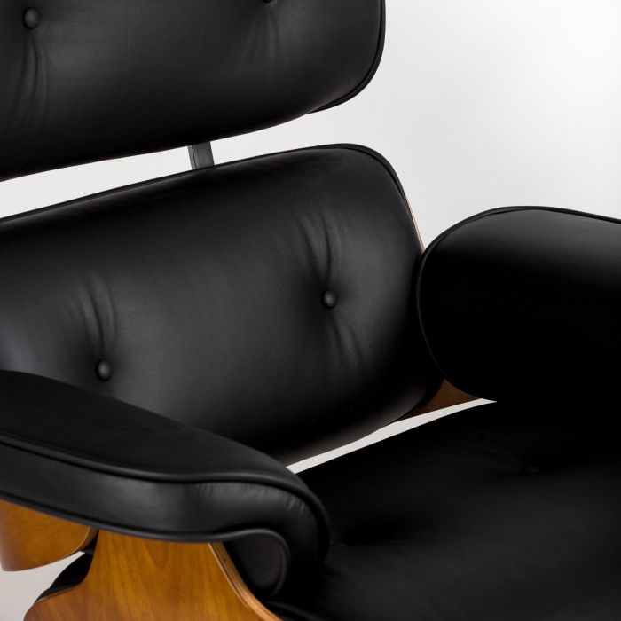 Sillón con Puf Giratorio Piel Negro Madera Fresno Natural, 90/65 Cm