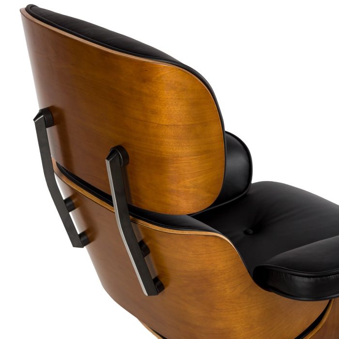 Sillón con Puf Giratorio Piel Negro Madera Fresno Natural, 90/65 Cm