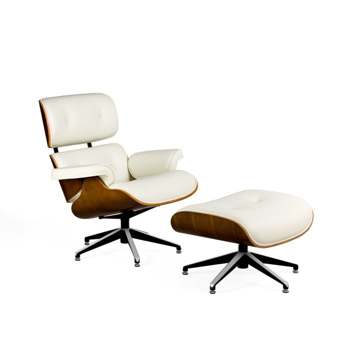 Sillón con Puf Giratorio Clásico Diseño Moderno Piel Blanco Madera Fresno Natural, 90/65 Cm