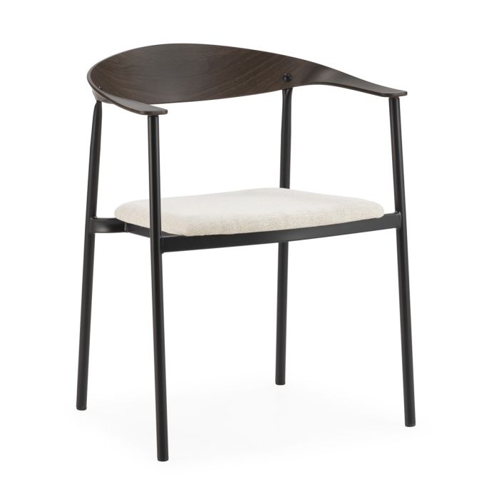 Silla Elegante de Metal Nogal Oscuro y Negro y Tela Blanca.