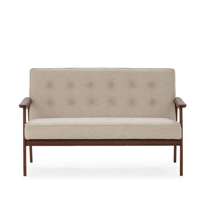 Sofá en madera de haya nogal y tejido beige.