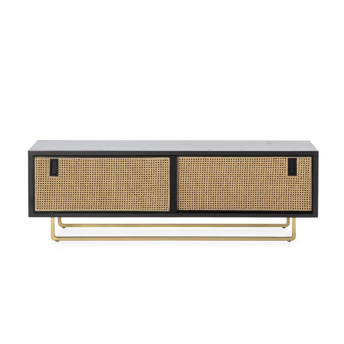 Mueble de TV en madera negra, ratán natural y base de metal dorado 160 cm