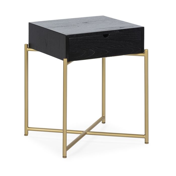 Mesita de noche Moderna en madera de cedro negro y metal dorado.