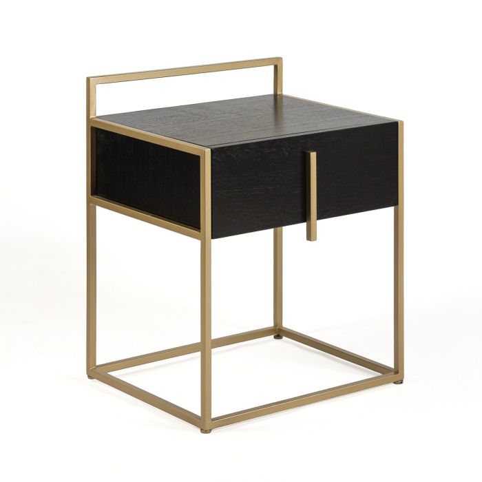 Mesita de noche Estilo Moderno en madera de cedro negro y metal dorado.