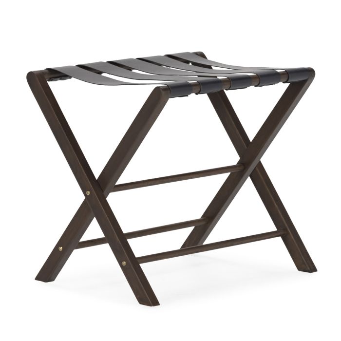 Portamaletas Diseño Sobrio de Madera de Teca Marrón y Cuero Negro.