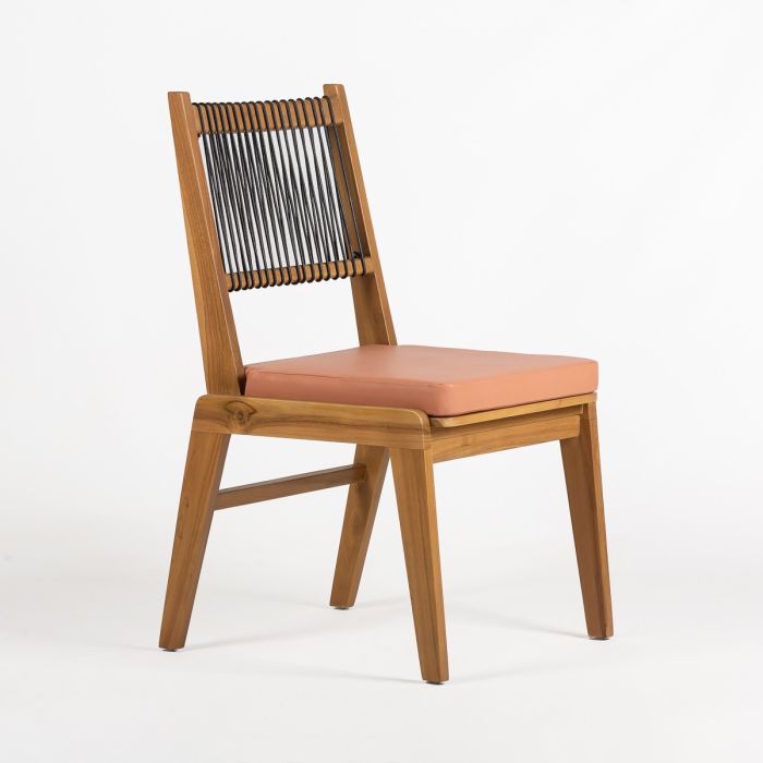 Silla Tropical en Madera de Teca natural, Cuero negro y Tela melocotón.