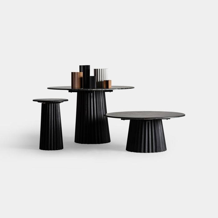 Mesa Comedor Redonda Mármol Mate Pie Plisado Mango Negro, 122 Cm