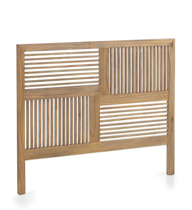 Cabecero nórdico con barrotes horizontales y verticales en madera mindi natural.