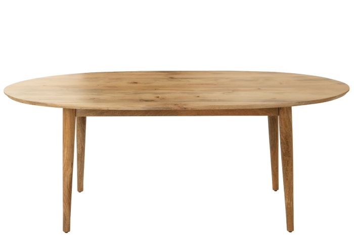 Mesa de comedor ovalada nórdica en madera de mango natural.