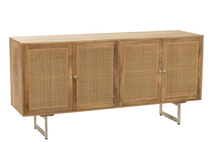 Aparador 4 puertas nórdico en madera de mango natural y patas de metal gris.