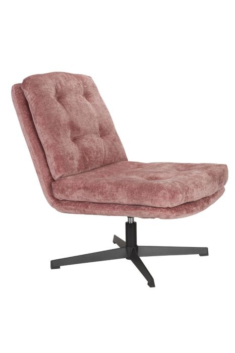 Sillón moderno en tejido rosa y metal negro.