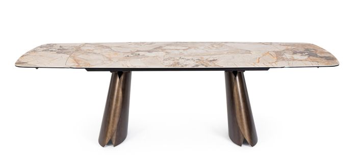 Mesa de comedor extensible diseño moderno tablero de cerámica con capa inferior de vidrio y acero efecto cobre cepillado.