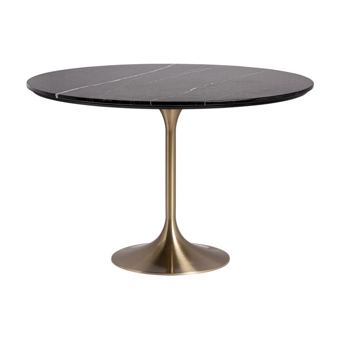Mesa de comedor en porcelánico negro y base de acero dorado.