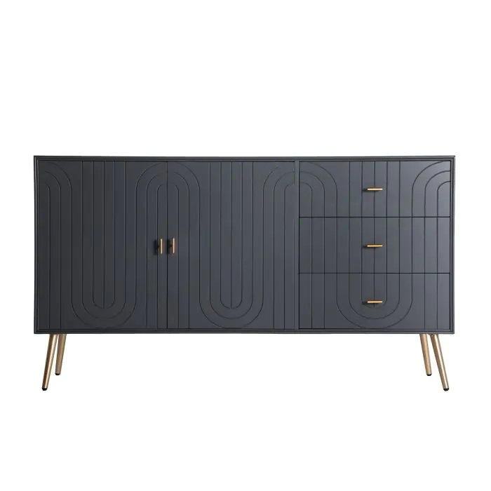 Buffet Tremes Estilo Art Decó Madera Pino Negro Oro, 140 Cm