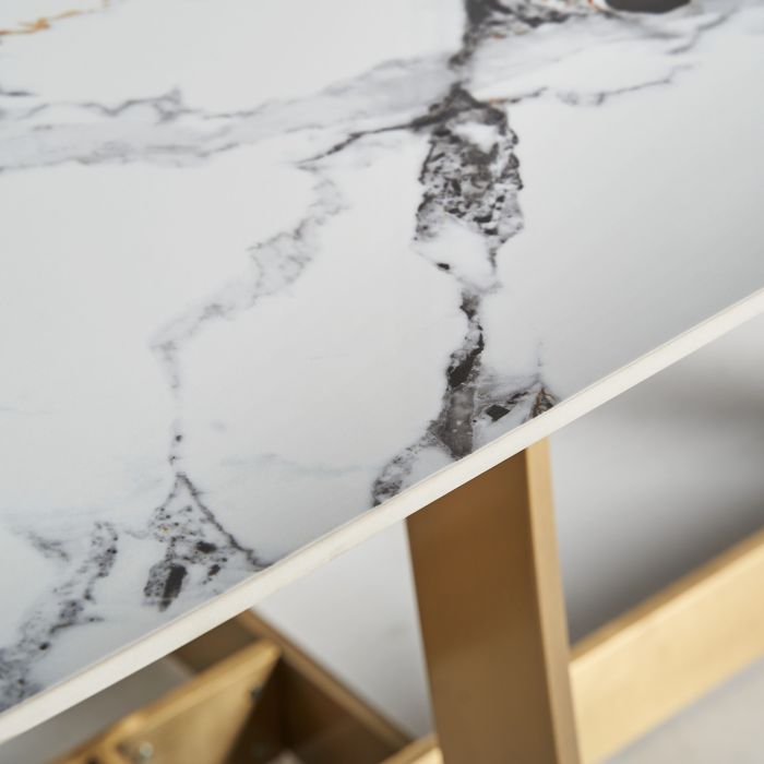Mesa Comedor Mármol Sintético Blanco Acero Dorado, 200 Cm