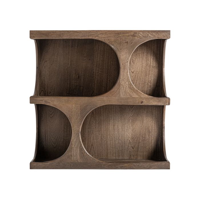 Librería en madera de mango marrón con varios compartimentos abiertos.