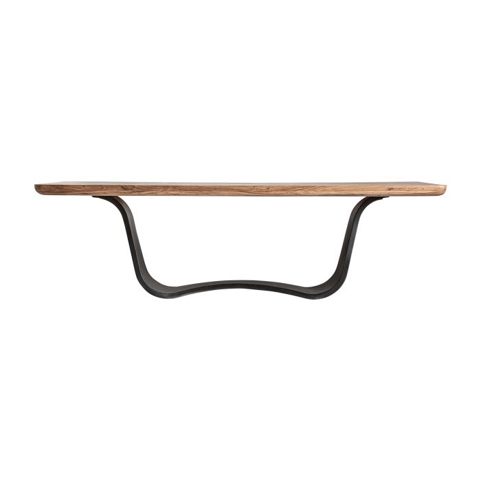 Mesa de comedor en madera de acacia natural y base de hierro negro.