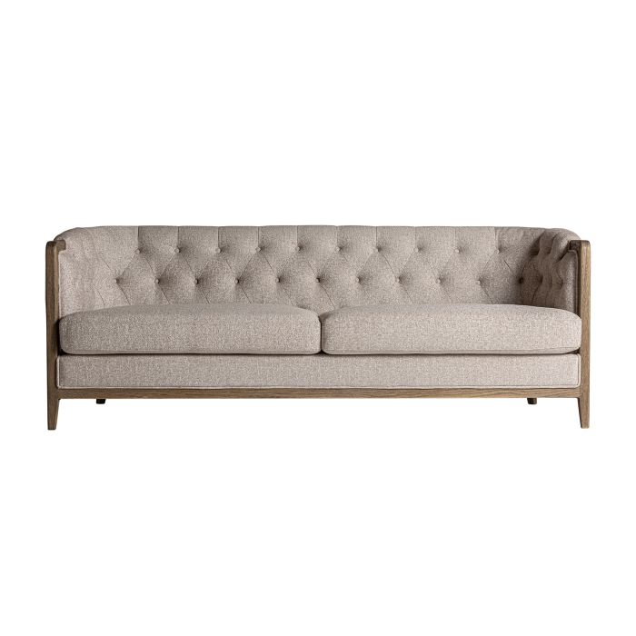 Sofá Madera Natural Tejido Beige 3 Plazas, 206 Cm