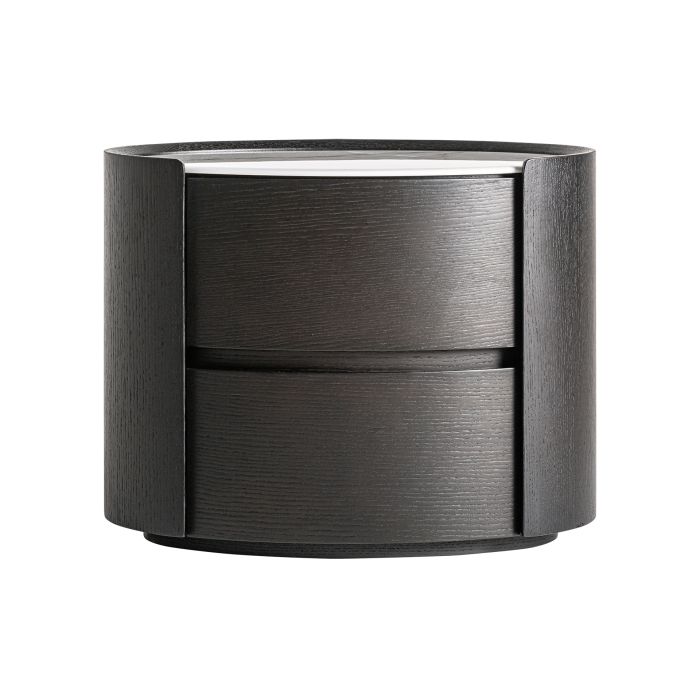 Mesita de noche de diseño moderno en madera negra y sobre de piedra blanca efecto mármol.