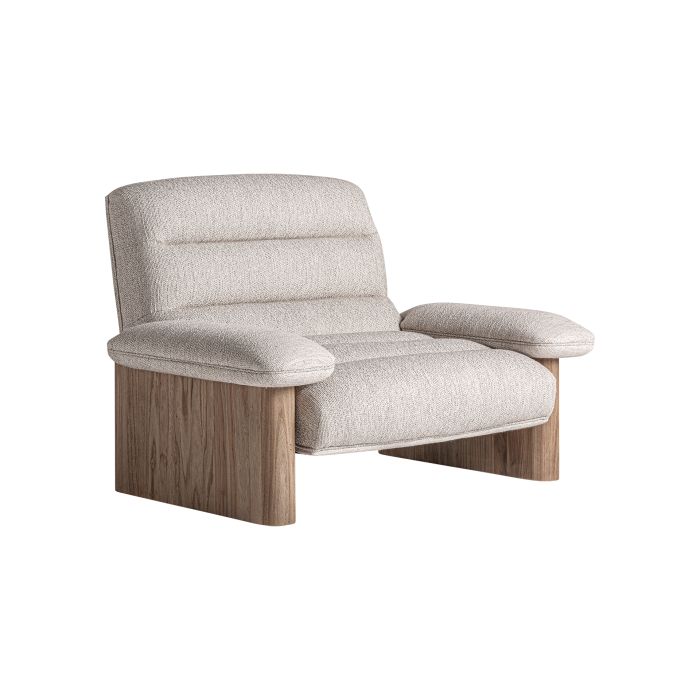 Sillón nórdico moderno en madera de olmo marrón claro tapizado en tejido beige.
