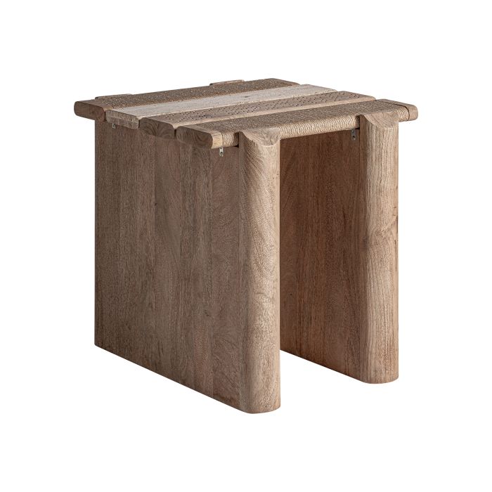 Mesa auxiliar contemporánea en madera de mango marrón claro con sobre de mármol marrón.