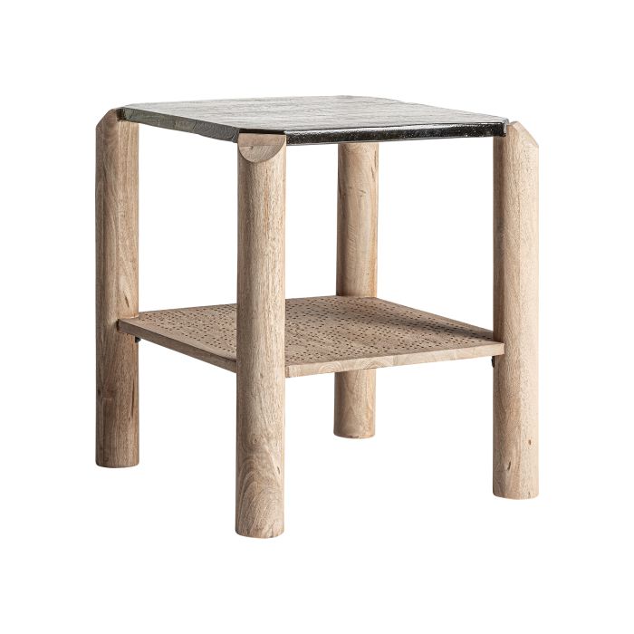 Mesa auxiliar contemporánea en madera de mango marrón claro con sobre de vidrio.