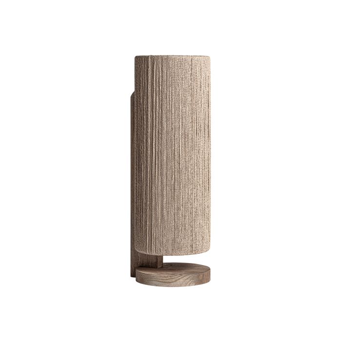 Lámpara de sobremesa contemporánea en madera de mango y rafia marrón claro.