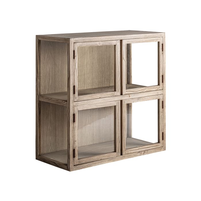 Vitrina nórdica en madera de olmo natural y puertas de cristal.