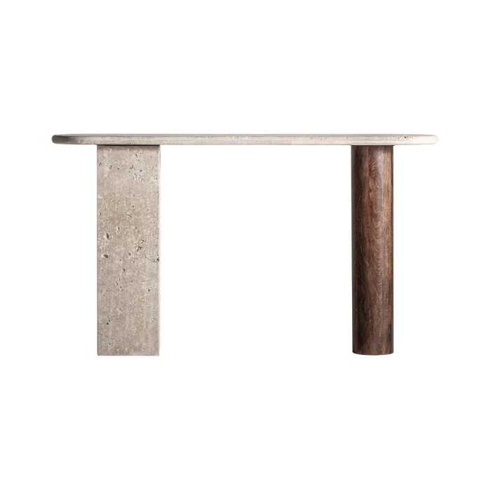 Consola en travertino beige y madera de mango marrón 140 cm