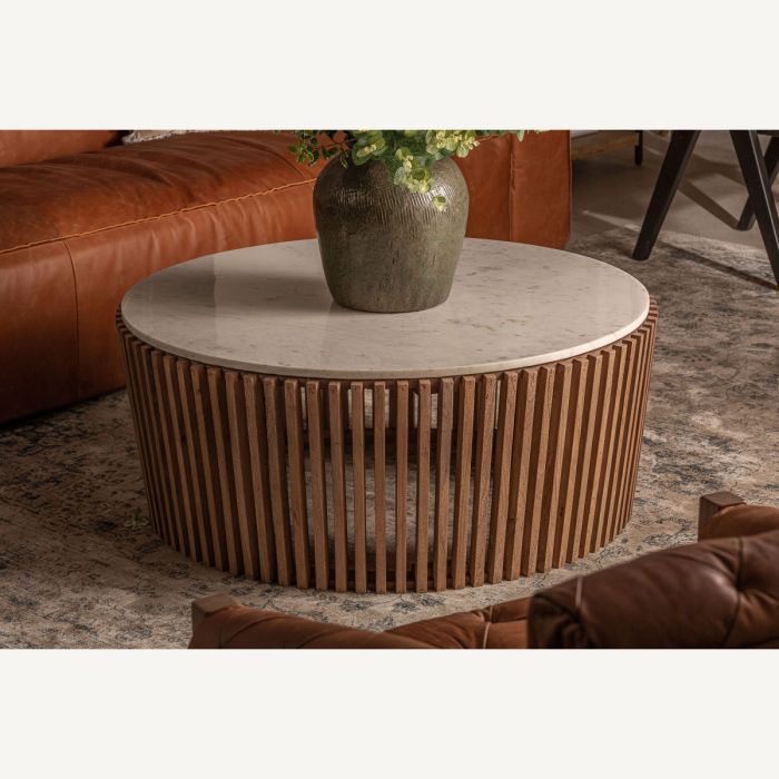 Mesa Centro Madera Mármol Blanco, 100 Cm
