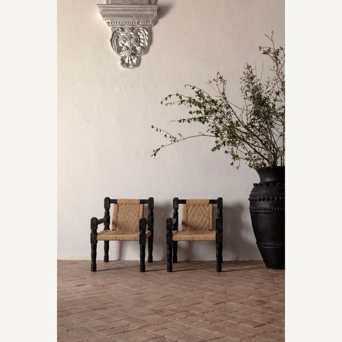 Sillón Madera Recuperada Negro Cuerda Natural, 76 Cm