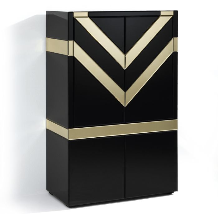 Mueble de bar en cristal negro y detalles en espejo dorado 88 cm