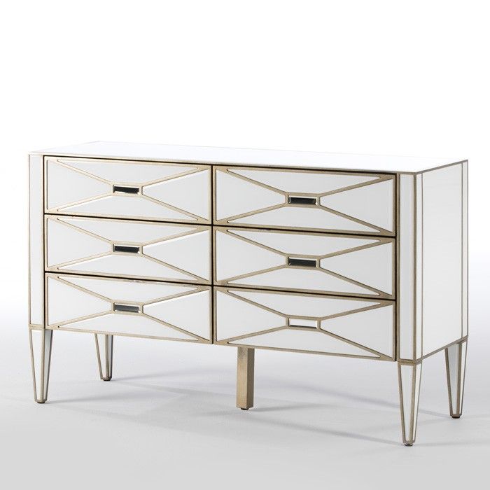 Cómoda de Espejo/Cristal y DM en Blanco/Dorado, 134 Cm.
