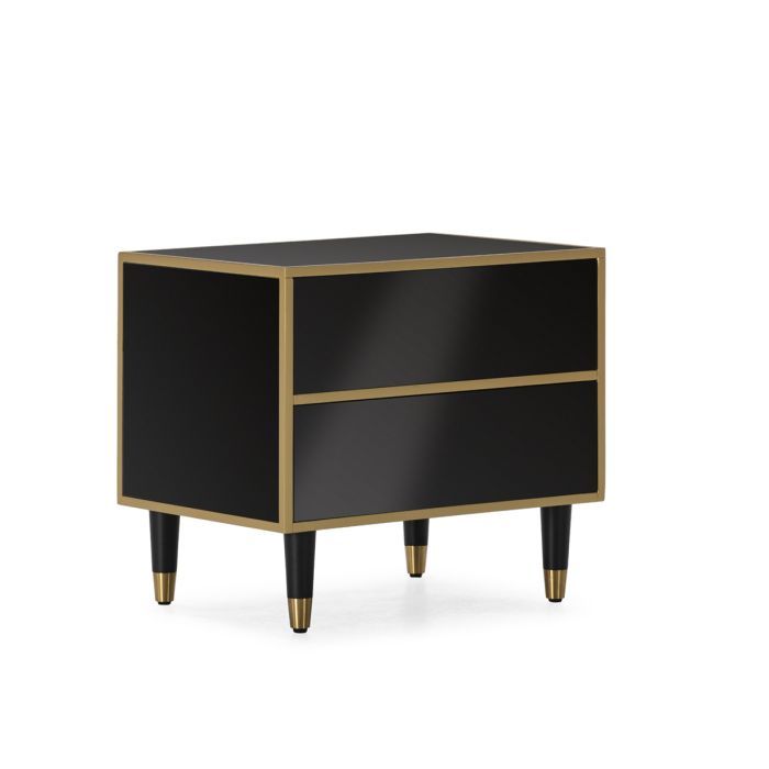 Mesita de noche art decó en madera, espejo negro y detalles en dorado.