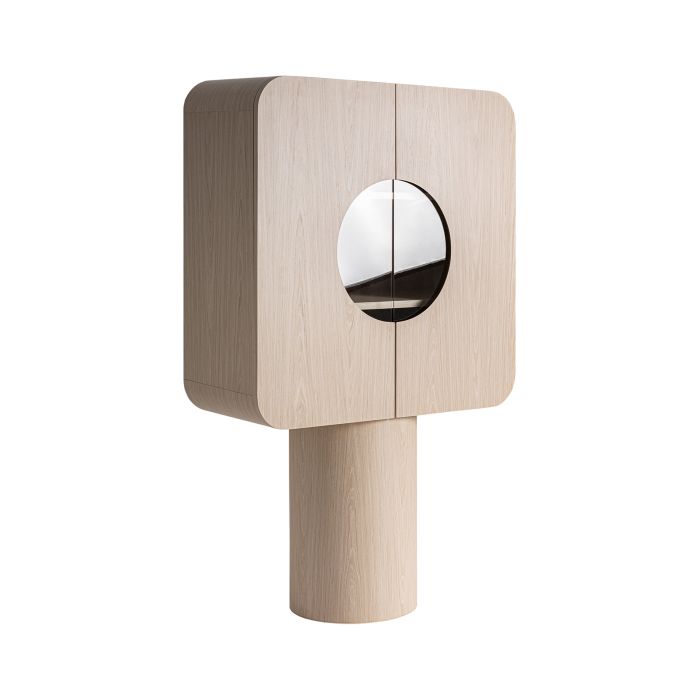 Armario Kharj nórdico moderno 2 puertas en madera de roble beige y cristal transparente.