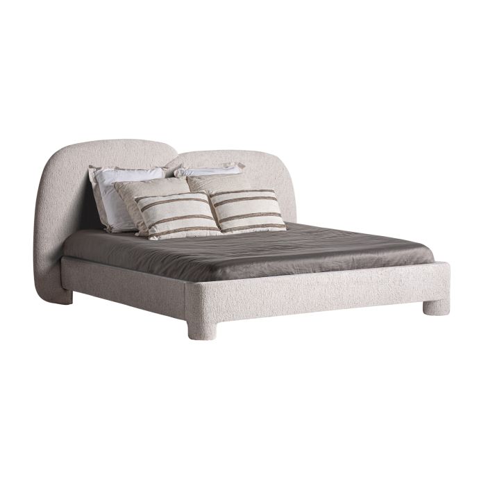 Cama moderna en madera de fresno tapizada en tela beige jaspeado.