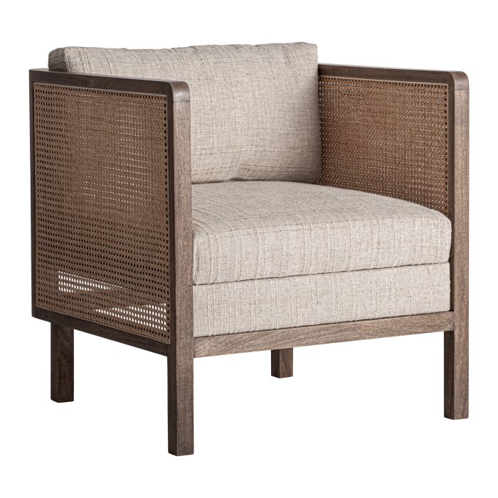 Sillón en madera de mango marrón y tejido tono topo.