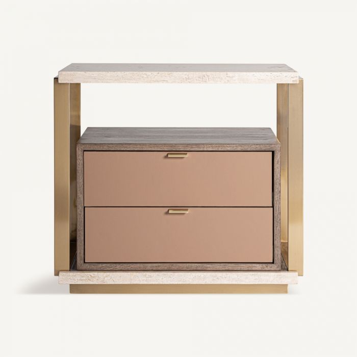 Mesita De Noche Trevertino Beige Madera Marrón 2 Cajones, 65 Cm