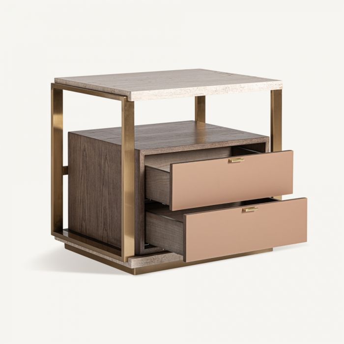 Mesita De Noche Trevertino Beige Madera Marrón 2 Cajones, 65 Cm
