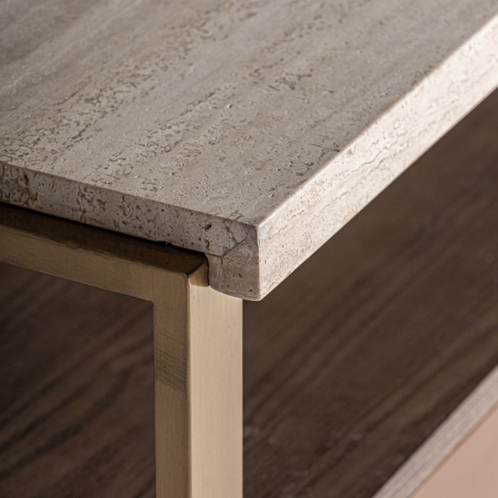 Mesita De Noche Trevertino Beige Madera Marrón 2 Cajones, 65 Cm