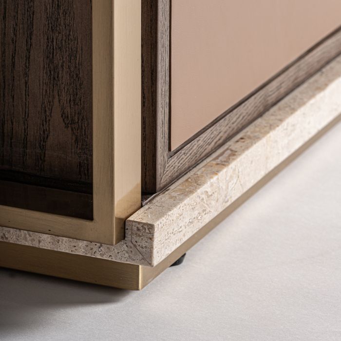 Mesita De Noche Trevertino Beige Madera Marrón 2 Cajones, 65 Cm