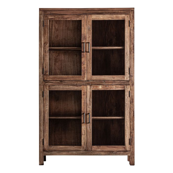 Vitrina en madera recuperada marrón con puertas de cristal y hierro negro.