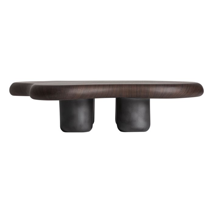 Mesa de centro en chapa de roble marrón y fibra de vidrio negro.